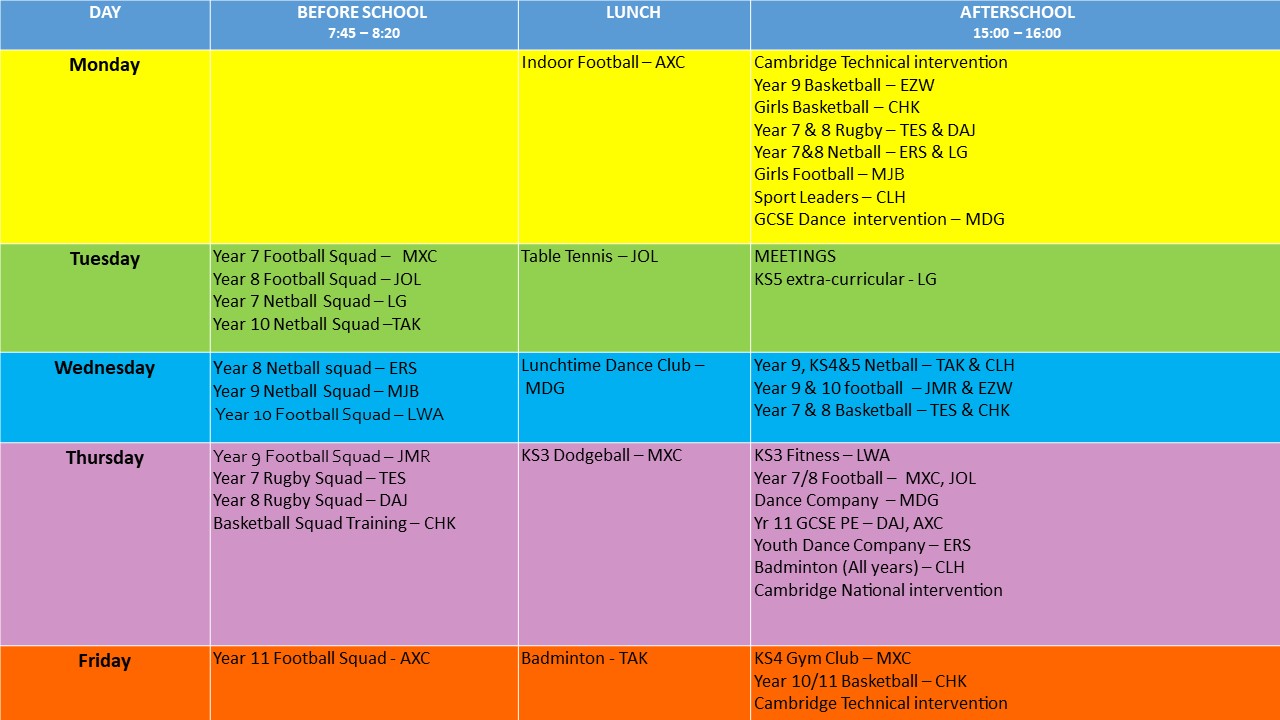 Extra Curricular Timetable Sept 23